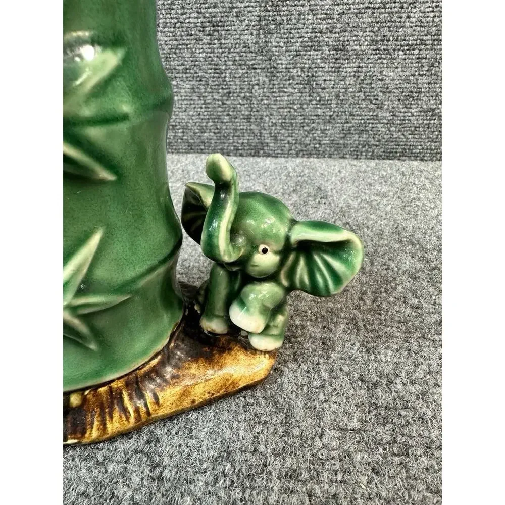 Vintage Ceramic Bamboo Vase with Elephant Figurine 6” Handcrafted – Used